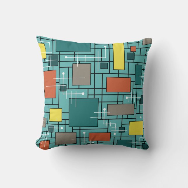 Coussin Lignes Abstraites de l'ère atomique Boîtes Turquoi (Recto)
