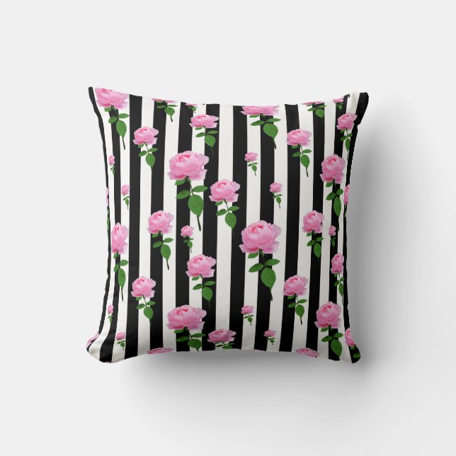 Coussin Lignes Fleurs Roses Roses Roses Noires (Recto)