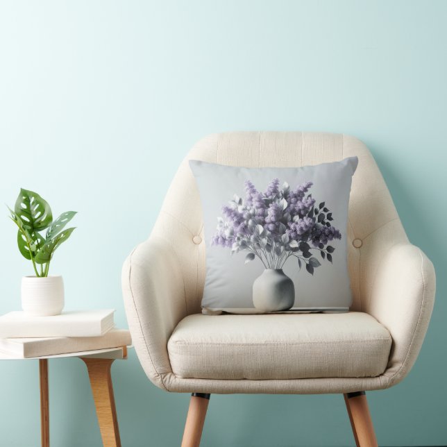 Coussin Lilacs violets et bouquet de feuilles d'argent (Chaise)