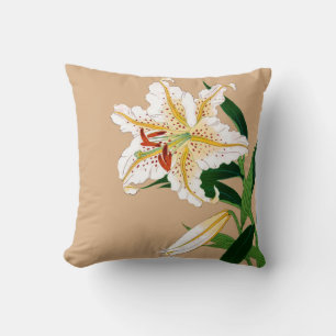 Coussin Liliy japonaise vintage. Blanc, vert et beige