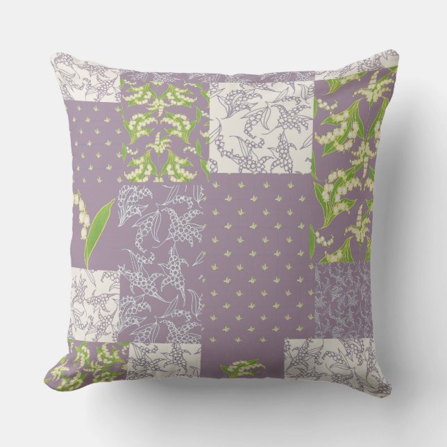 Coussin Lily-of-the-Valley Faux Patchwork, Mauve (Recto)