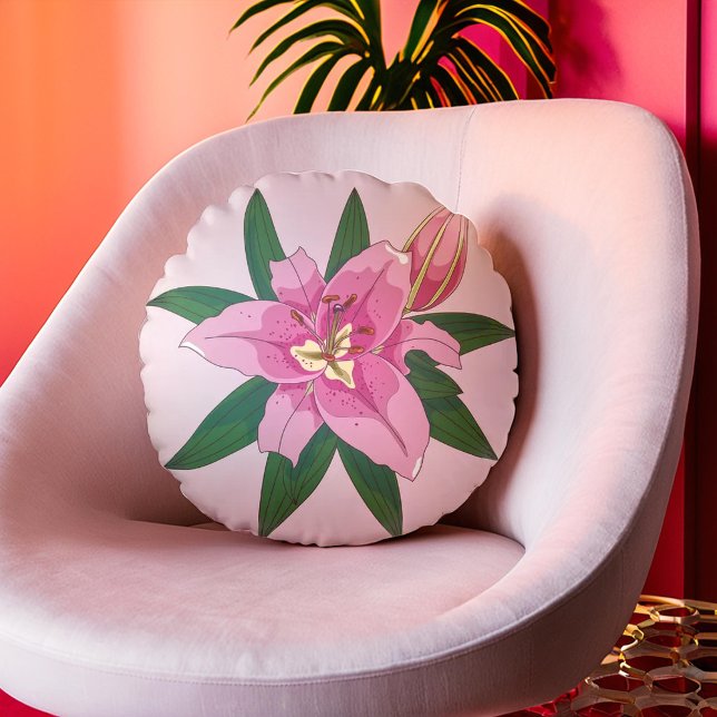 Coussin Lily rond rose doux (Soft Pink Blooming Lily Round Pillow)
