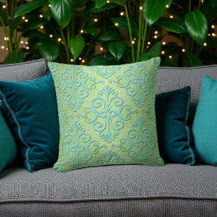 Coussin Lime Green and Teal Fancy Damask