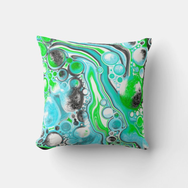 Coussin Lime Green et Aqua Blue Bubble Art Abstrait (Recto)