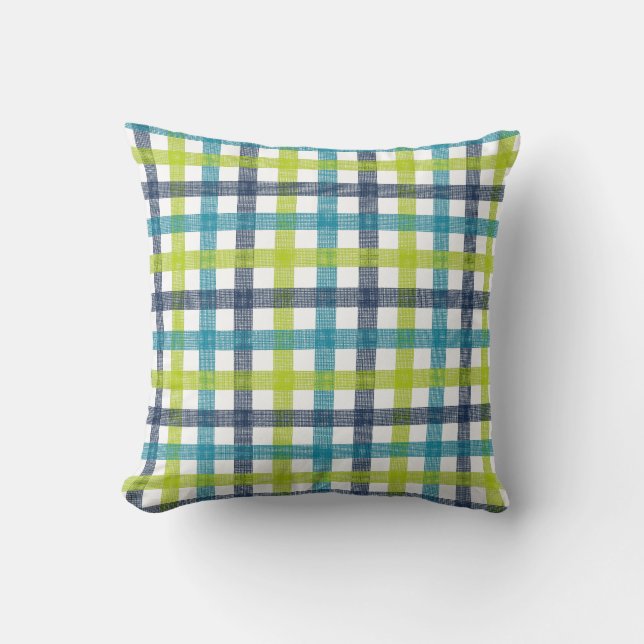 Coussin Lime Green, Navy et bleu turquoise Plaid (Recto)