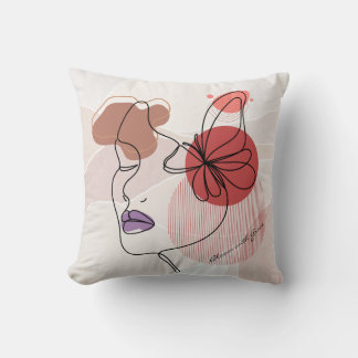 Coussin Line Art Woman with Butterfly & Abstract Shapes