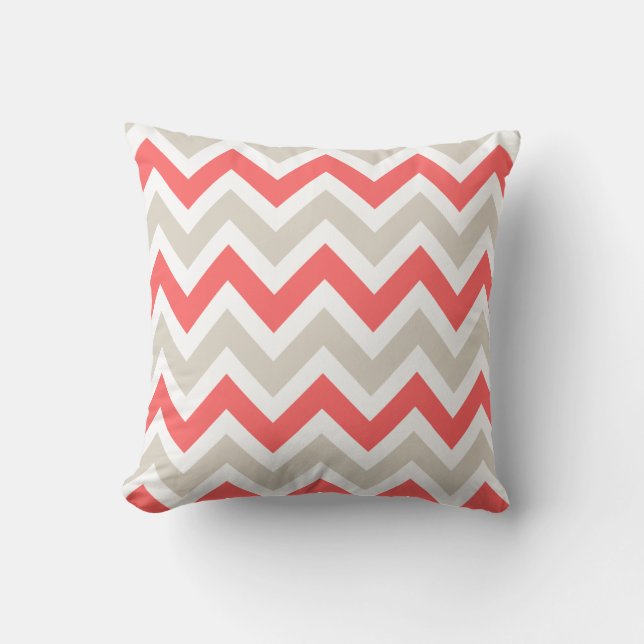 Coussin Linge Beige et corail Chevron (Recto)