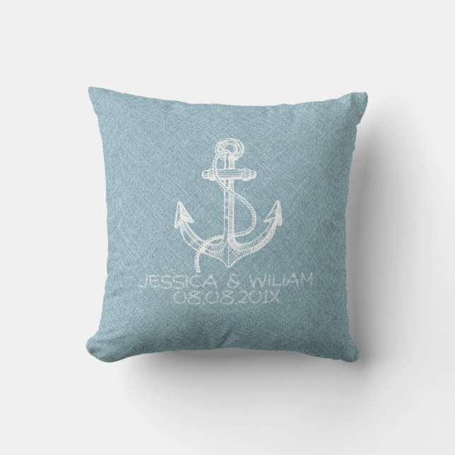 Coussin Linge bleu clair et Ancre de bateau blanc (Recto)
