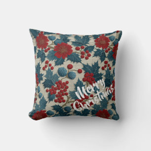 Coussin Linge botanique vintage Noël baies rouges