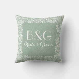 Coussin Linge Vert Monographique Et Cadre En Dentelle Blan