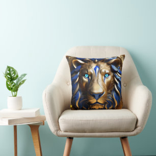 Coussin Lion bleu saphir et or
