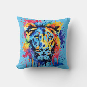 Coussin Lion coloré aquarelle drôle