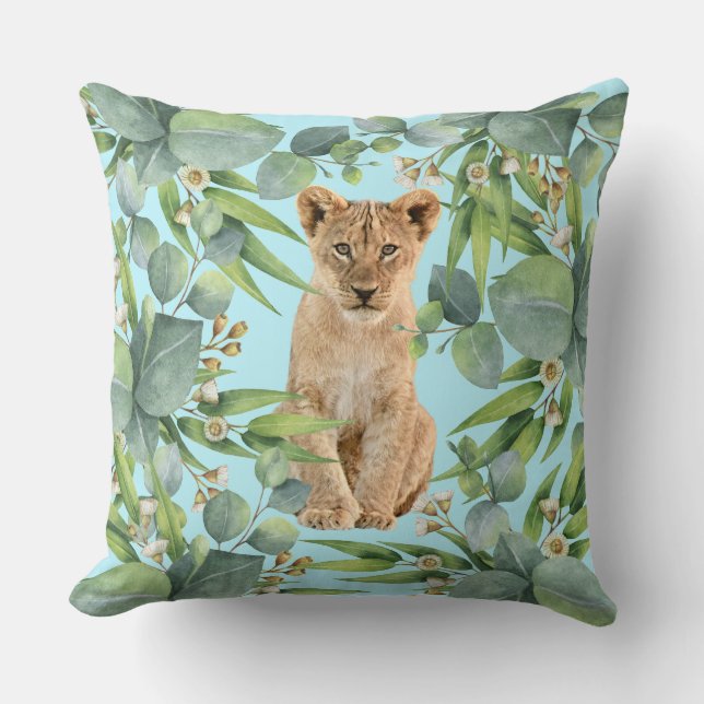 Coussin Lion Cub Turquoise Tropical Pluie Forêt Monogramme (Recto)
