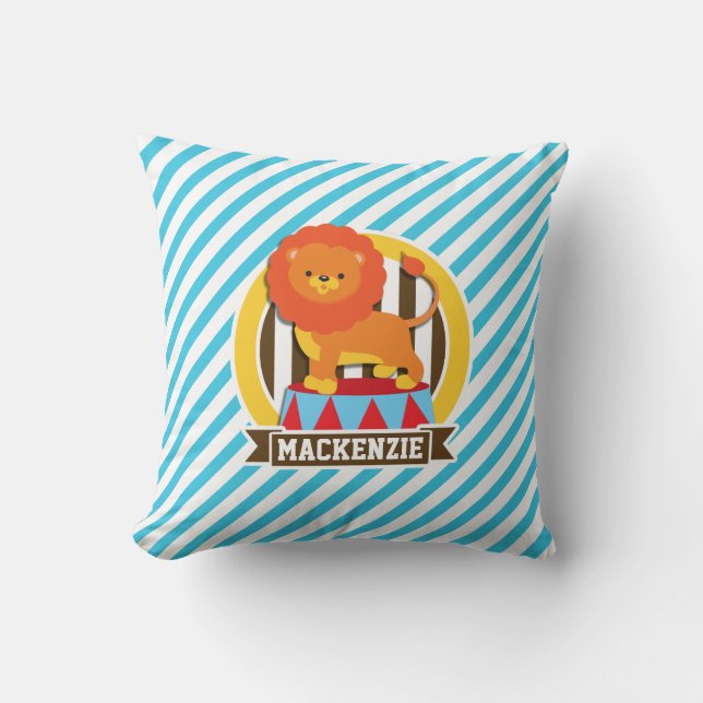 Coussin Lion de cirque Grand Haut Orange ; Bleu & Blancs (Recto)