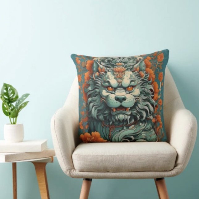 Coussin Lion de sagesse Flu  (Asian Lion Head  pillow high quality 100% polyester hidden zipper enclosure. Made in the USA. )