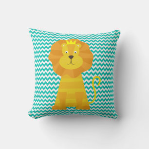 Coussin Lion d'or sur Aqua Bleu et Blanc Chevron Stripe