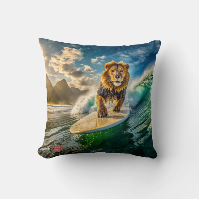 Coussin Lion Surfing Design par Rich AMeN Gill (Recto)