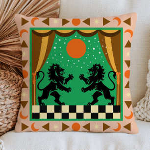 Coussin Lions noirs sur fond céleste à carreaux verts Art