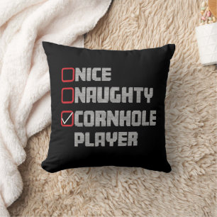 Coussin Liste de joueurs de cornhole Nice Naughty Noël dég