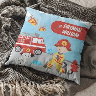 Coussin Little Boy's Cartoon Fireman with First Name