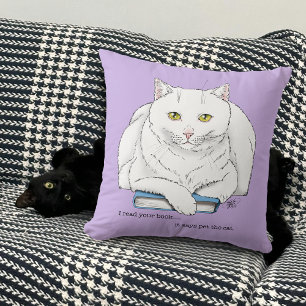 Coussin Livre de chat blanc drôle lisant humour violet