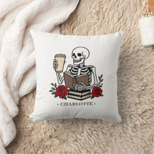 Coussin Livre et café drôle pour un squelette amateur