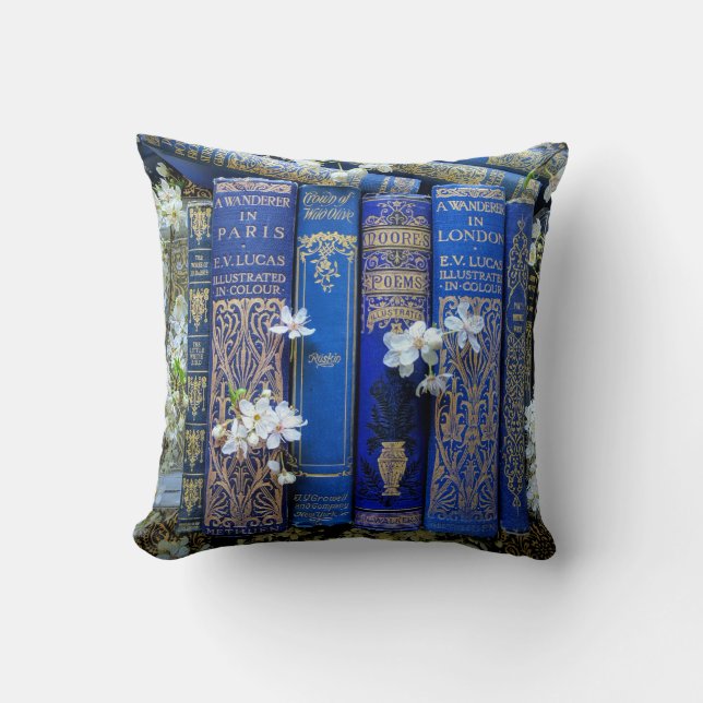 Coussin Livres bleus et fleurs (Recto)