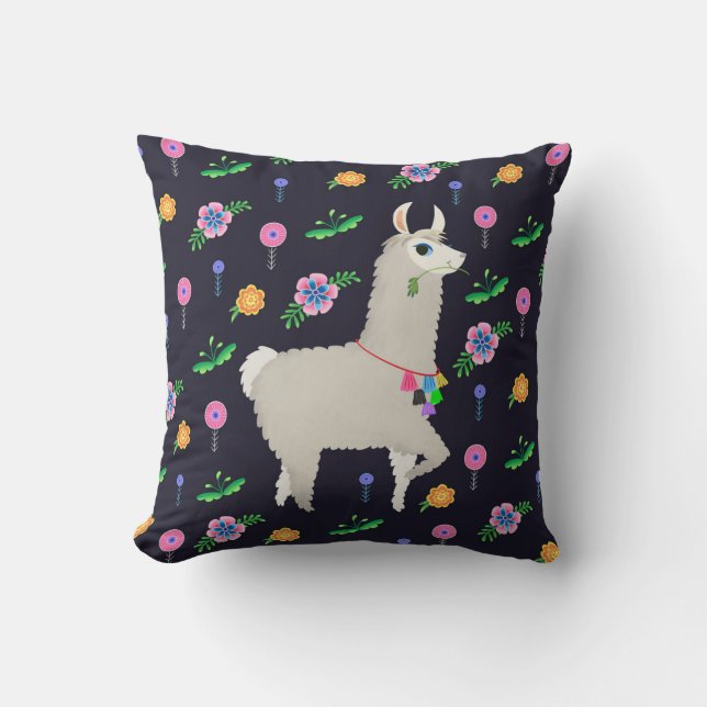 Coussin Llama aux fleurs (Recto)