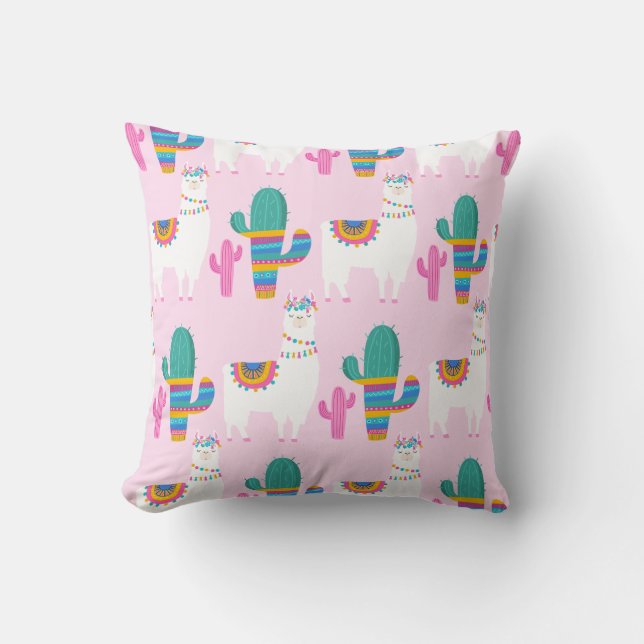 Coussin Llama du désert rose et Motif de Cactus (Recto)