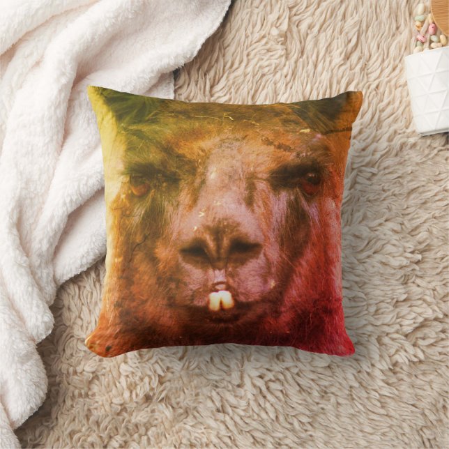 Coussin Llama noire intense Visage gros vers le haut Abstr (Couverture)