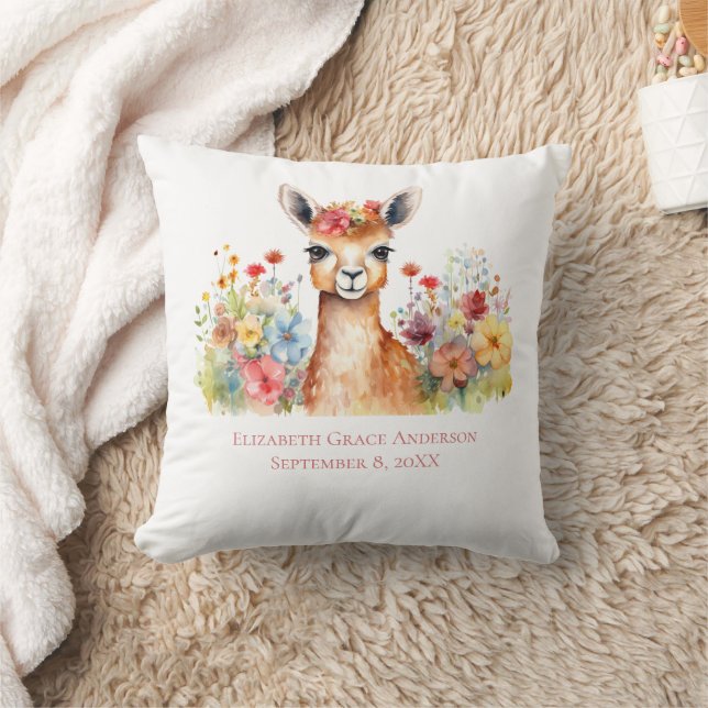 Coussin Llama personnalisée Fleur sauvage Aquarelle bébé (Couverture)