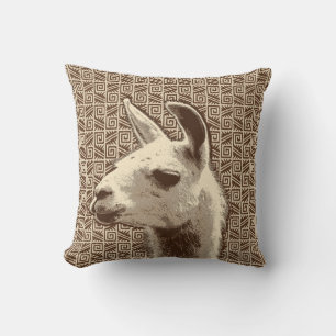 Coussin Llama Portrait sur Aztec Motif, Beige & Brown