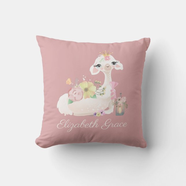 Coussin Llama rose et blanc avec Fleurs Fille (Recto)