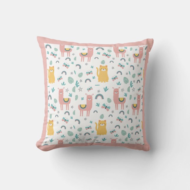 Coussin Llamas Chats Alapaca Nom rose Animaux Boho (Recto)