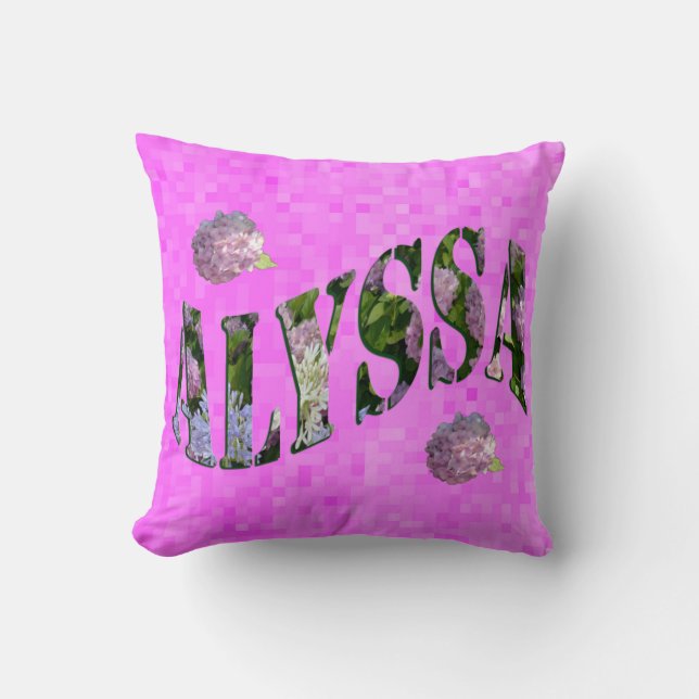 Coussin Logo Alyssa De Nom Fabriqué Avec Des Hydrangeas, (Recto)