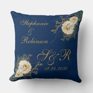 Coussin Logo Monogramme Floral Or Sur Mariage Bleu Marine 