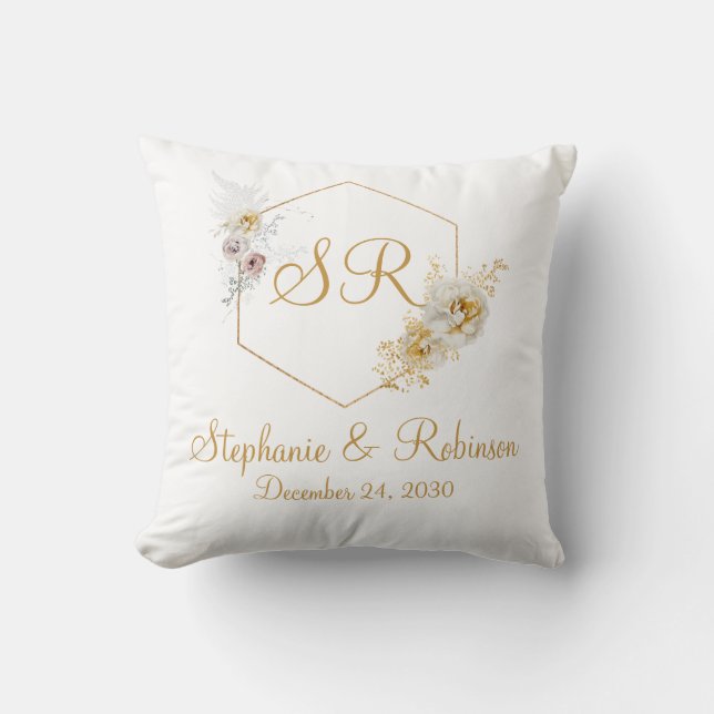 Coussin Logo or Floral Monogram Mariage Cadeau (Recto)