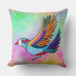 Coussin L'oiseau est décrit en vol sur le sol multicolore