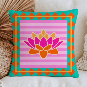 Coussin Lotus Coloré sur Rayures Roses Floral Bohème Chic