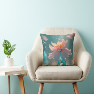 Coussin Lotus rose rêveur et papillon dans l'eau aqua
