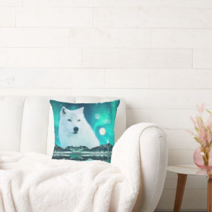 Coussin Loup arctique et nuit magique avec aurores boréale