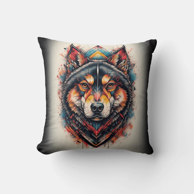 Coussin Loup avec des éléments géométriques et des couleur (Recto)