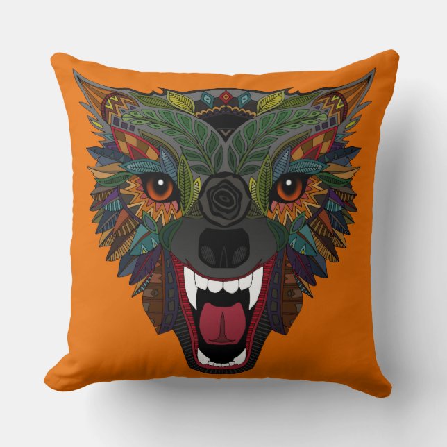 Coussin loup combat vol orange (Recto)