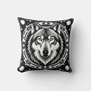 Coussin Loup dans un mandala géométrique et décoratif