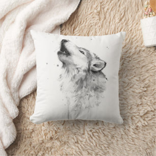 Coussin Loup gris hurlant dans la peinture aquarelle