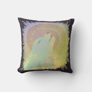 Coussin Loup hurlant et plante Mandala Branches Cadre
