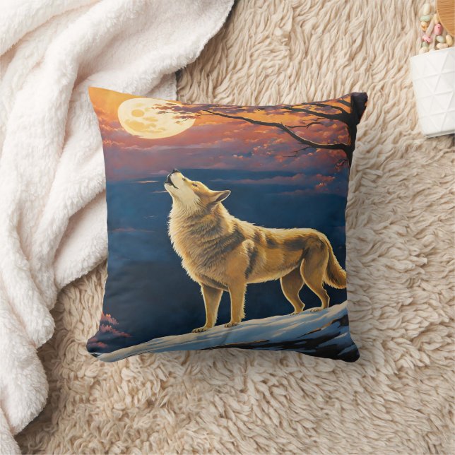 Coussin Loup hurlant sous ciel clair de lune à Dusk (Couverture)