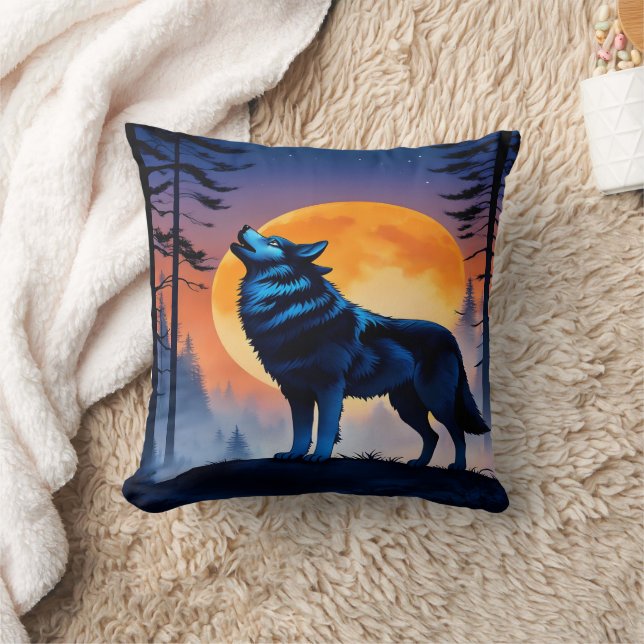 Coussin Loup hurlant sous le ciel nocturne de la lune (Couverture)