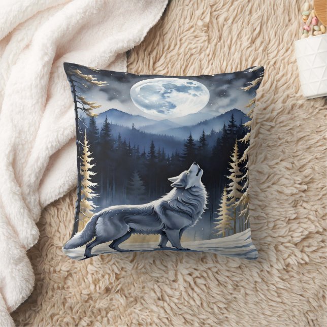 Coussin Loup hurlant sous une Pleine lune en forêt d'hiver (Couverture)