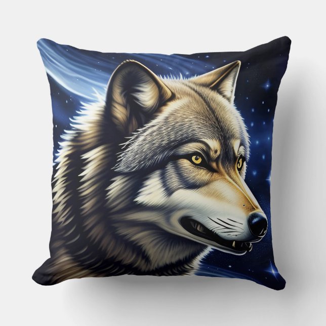 Coussin Loup majestueux sous ciel étoilé (Recto)